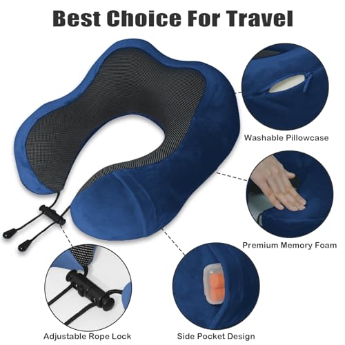 Travel Pillow, Memory Foam Neck Pillow for Traveling, U Shape Neck Pillow Airplane Portable Flight Pillow Travel Kit with 5D Contoured Eye Masks and Earplug for Plane Train Car Home Office - Blue - color: Blue