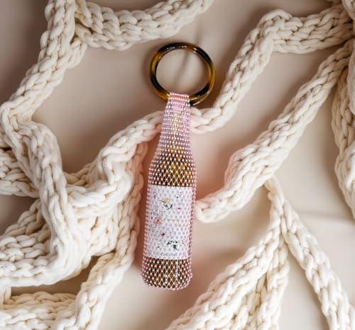Munyee Hua Rhinestone Wine Bottle Holder Bag Reusable Tote Carrier Crystal Mesh Evening Purse with Ring Handle Gift Bags Carrier for Birthday Picnic Party Wedding (Brown Handle Pink Rhinestone) - color: Brown Handle Pink Rhinestone