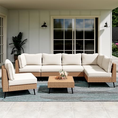 LAUSAINT HOME Outdoor Patio Furniture, 7 Piece Outdoor Sectional Sofa PE Rattan Wicker Patio Conversation Sets, All Weather Patio Furniture Set with Thick Cushions for Garden, Backyard(Beige) - color: Beige, size: 7 PCS