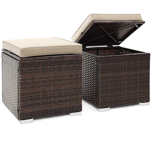Tangkula 2 Pieces Patio Ottomans, Patiojoy Hand-Woven PE Rattan Side Table with Removable Cushion & Hidden Storage Space, Multifunctional Storage Box, Seat for Patio, Backyard, Poolside (Beige) - color: Beige, size: 16"D x 16"W x 15.5"H