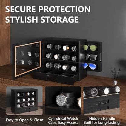 AUTOARK Wooden Watch Sunglass Display Case,12 Watch Box with Jewelry Drawer,Watch Eyeglass Holder with Window,Vertical Storage,Gift Idea,Black,AW-184 - color: Black