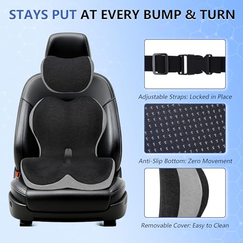 Truck Driver Seat Cushion Set - Memory Foam for Lower Back & Sciatica Pain Relief - Ergonomic Headrest Neck Pillow for Semi Truck & Car Dark Gray