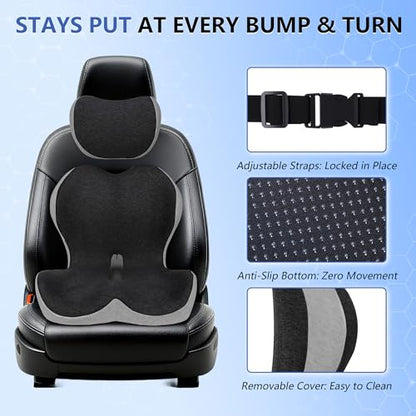 Truck Driver Seat Cushion Set - Memory Foam for Lower Back & Sciatica Pain Relief - Ergonomic Headrest Neck Pillow for Semi Truck & Car Dark Gray