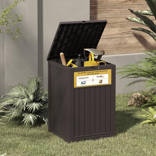 LHBGO Package Delivery Box for Outside, with Delivery Sign 48 Gallon Storage with Lockable Secure, Large Resin Outdoor Package Drop Container - color: Brown with Delivery Sign