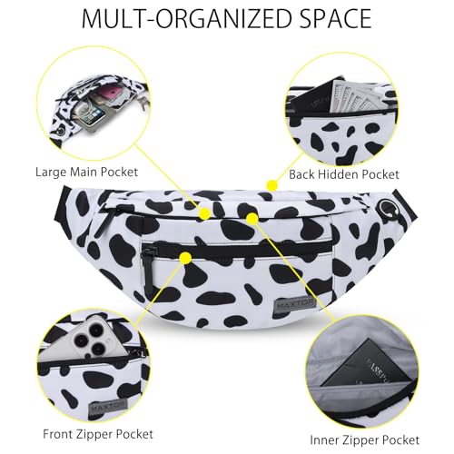 MAXTOP Large Crossbody Fanny Pack with 4-Zipper Pockets,Gifts for Enjoy Sports Festival Workout Traveling Running Casual Hands-Free Wallets Waist Pack Phone Bag Carrying All Phones - color: Cow Print White, style: Large Fanny Pack(4 Zipper Pockets)