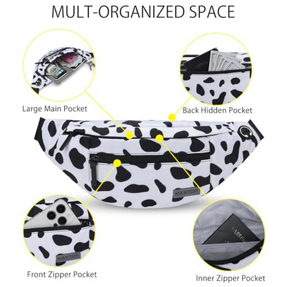 MAXTOP Large Crossbody Fanny Pack with 4-Zipper Pockets,Gifts for Enjoy Sports Festival Workout Traveling Running Casual Hands-Free Wallets Waist Pack Phone Bag Carrying All Phones - color: Cow Print White, style: Large Fanny Pack(4 Zipper Pockets)