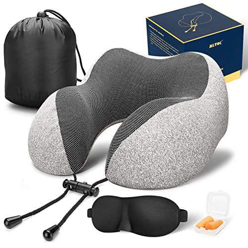 MLVOC Neck Pillow for Traveling, Upgraded 100% Pure Memory Foam Travel Neck Pillow for Airplane Flight Sleep, Breathable & Machine Washable Cover, Travel Kit with 3D Eye Mask, Earplugs & Bag, Grey - color: Grey