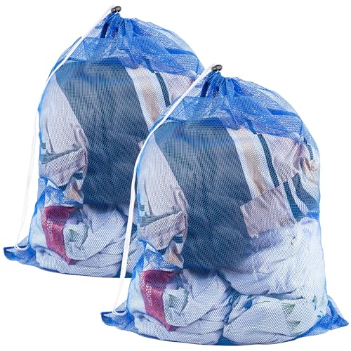 2 Pack Large Mesh Laundry Bags, 24" x 36" Heavy Duty Strong Drawstring Dirty Clothes Bags with Soft Breathable Net, Machine Washable Laundry Bag for College, Dorm, Camp, Travel and Family Use(Blue) - color: Blue