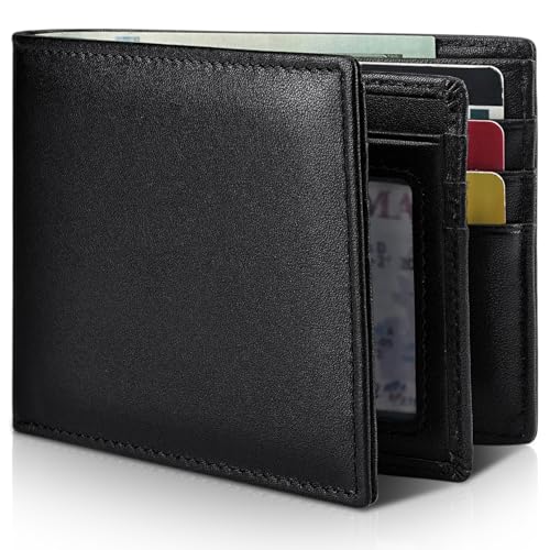 Artpaxy Mens Wallet Genuine Leather Bifold RFID Blocking Wallet for Men with 1 ID Window 13 Card Holders 2 cash pockets 1 Gift Box - color: Black
