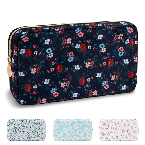 Waterproof Small Floral Makeup Bag Pouch for Purse,Nylon Flower Cosmetic Bag Preppy Travel Toiletry Storage Bag for Women Girl,Cute Makeup Organizer Bag Skincare Bag with Zipper(Small Black-Flowers) - color: Black-Flowers, size: Small