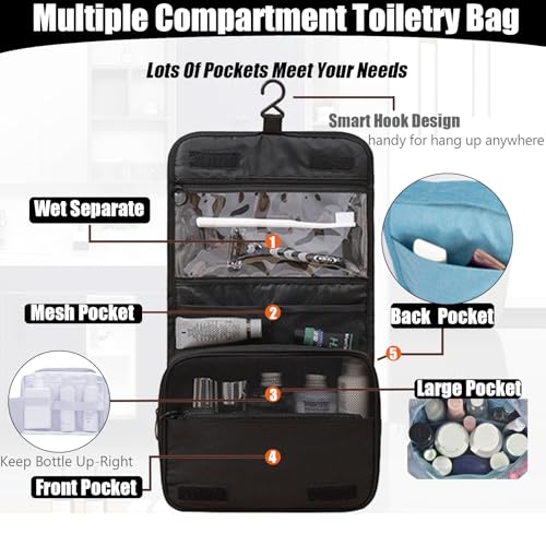 L&FY Hanging Travel Toiletry Bag Women's Cosmetic Organizer Makeup Case Pouch Men's Shaving Kits With Handle (Canvas Black) - color: Canvas Black, size: Compact Size