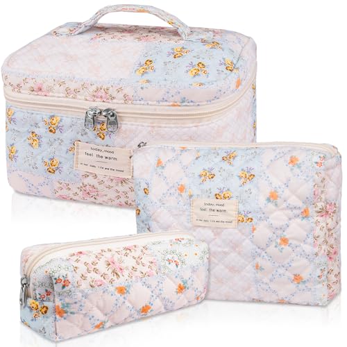 Gosect Makeup Bag Set, Quilted Makeup Bags, Large Floral Cosmetic Bag for Women, Cute Cotton Makeup Bags, Flower Travel Toiletry Organizer Bag (Folk Style) - color: MZF