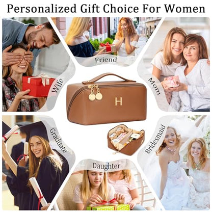 Initial Makeup Bag Gifts for Women Bridesmaid Gifts Travel Toiletry Personalized PU Leather Waterproof Cosmetic Bag (Medium-Brown-H) - color: MediumBrown, style: H