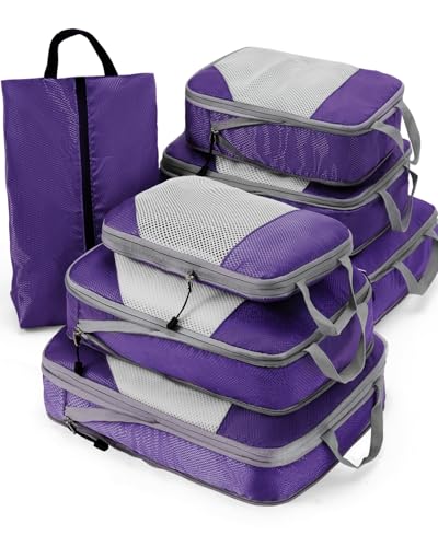 Meowoo 7 Set Compression Packing Cubes for Travel, Durable Ripstop Mesh Suitcase Organizer with Shoe Bag, Ultralight & Expandable Space Saver Travel Cubes - color: Purple