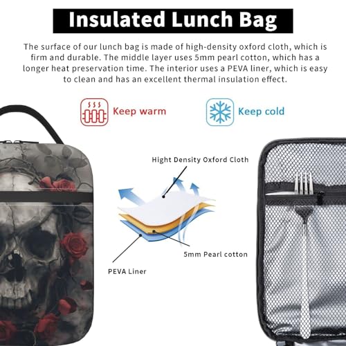 Insulated Lunch Box for Kids Boys Girls, Reusable Lunch Bag for School, Office, Work, Picnic, Travel, Gothic Skull Floral Lunch Box - color: lunch box 121
