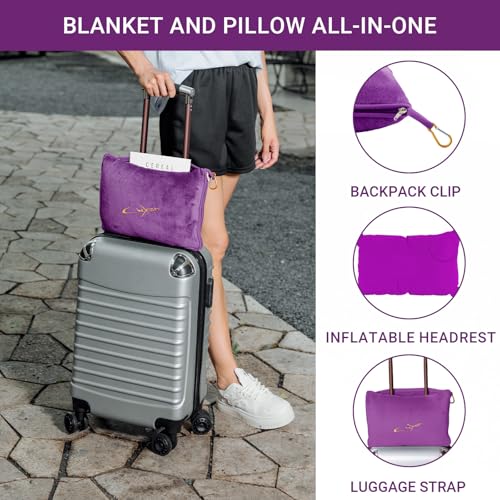 Travel Blanket & Pillow Set, 300 GSM Soft Fleece, 60x43 Inches, 3-in-1 Airplane Blanket, Travel Pillow and Blanket Set, Travel Blanket Airplane Compact with Bag, Travel Essentials, Violet - color: Violet-1