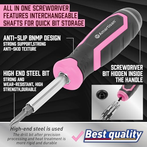 Amartisan 18-in-1 Multi-bit Screwdriver Set Tool All in One, Portable Multi-Purpose Screwdriver, Slotted/Philips/Pozi/Torx/Square,Nut Driver (Pink) - color: Pink, size: 18-in-1 Multi-bit Screwdriver Set