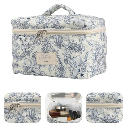 NATINSA Cute Makeup Bag for Women(2 Pcs), Travel Cosmetic Bags, Quilted Coquette Aesthetic Floral Toiletry Organizer Bag (22 - Black Flower) - color: 22 - Black Flower