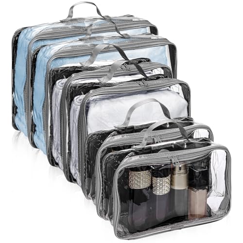 Hillban 6 Pcs Gray Large Clear Travel Packing Cube 3 Sizes See-through PVC Organizer for Suitcase Multipurpose Pouch with Handle Vinyl Zippered Storage Bags Luggage Cube Organizer - color: Gray