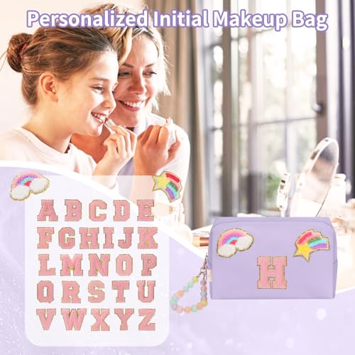 Initial Makeup Bag for Girls, Cute Makeup Bag Small Cosmetic Bag Travel Make Up Organizer Pouch, Birthday Gifts for Girls 4 5 6 7 8 9 10 11 12 13 14 15 Years Old, Teen Girls Gifts Trendy Stuff - color: Purple + Bracelet, style: H