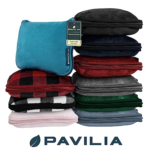 PAVILIA Travel Blanket Pillow, Soft Airplane Blanket 2-IN-1 Combo Set, Plane Blanket Compact Packable, Flight Essentials Car Pillow, Travelers Gifts Accessories Luggage Backpack Strap, 60x43 Teal Blue - color: Teal Blue