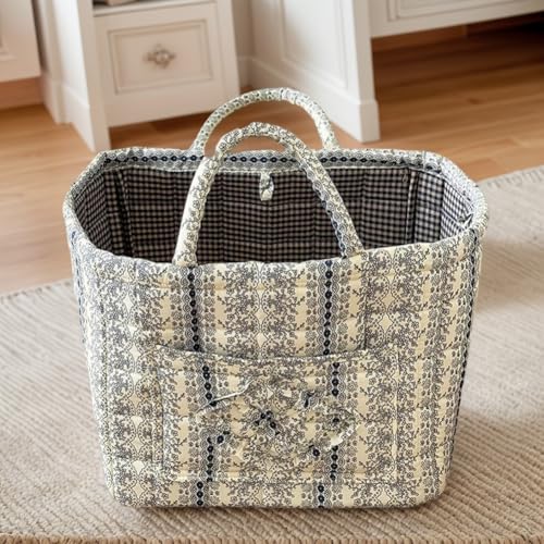 Foldable Laundry Basket Boho Bear Storage Basket Floral Quilted Fabric Car Storage Basket Handles Large Laundry Baskets for Clothes and Dolls - color: Vine Blue