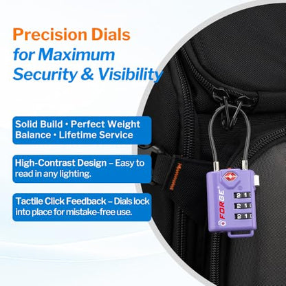 Forge TSA Approved Luggage Locks, Re-settable Combination with Alloy Body, Light Purple 2 PK, for Luggage, Suitcase, Backpack and More. - color: Purple 2 Pack