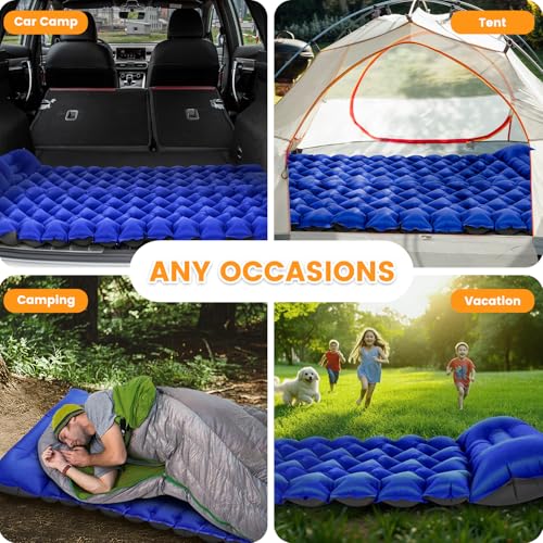 Camping Sleeping Pad 4-Inch Thick with Foot Pump & Pillow, Inflatable Sleeping Mat for Side Sleepers, Stays Firm All Night, Lightweight for Hiking, Backpacking & Tent Camping - color: Royal Blue+gray