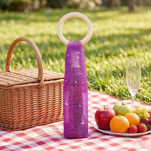 Wine Pouch Mesh Bag, Resin Handle Wine Bag, Sparkly Rhinestone Handwoven Mesh Bags, Party Water Bottle Bags Accessory, Daily Housewarming Party Use - color: Purple