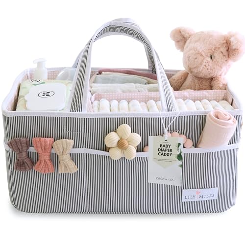 Lily Miles Baby Diaper Caddy Organizer, Girl Nursery Storage Basket with 8 Pockets, Baby Organizer and Storage, Easy-to-Clean Fabric, Large, Pink Blush - color: Gray/Blush, size: Large