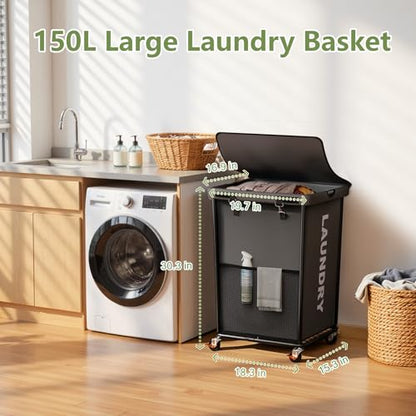 150L Laundry Basket with Wheels, Rolling Laundry Hamper with Cloth Cover, Laundry Cart with Metal Frame & Removable Bag, Large Dirty Clothes Hampers for Bedroom Aesthetic, Laundry Room Bathroom, Grey - color: Grey, size: 150L