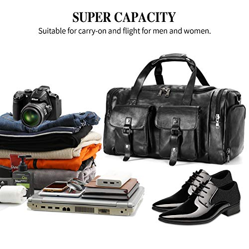 Zeroway Travel Duffel Bag with Shoe Pouch, PU leather Carry on Bag Weekender Overnight Bag for Men Women Black - color: Black