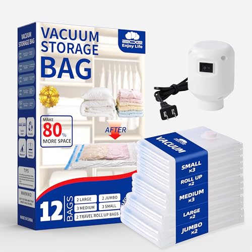 Vacuum Storage Bags with Electric Pump, 12 Pack | Stores Blankets & Comforters, 2 Jumbo 2 Large 3 Medium 3 Small 2 Roll-Up Bags, Electric Pump Included, Reusable Storage - size: 12 Combo