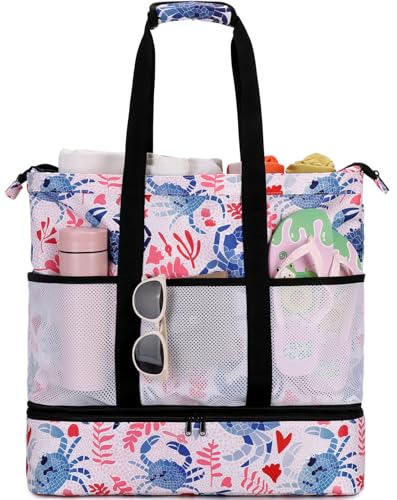 JIANYA Beach Bag Women Waterproof Sandproof Beach Tote Bags with Cooler Top Zipper Large Totes for Pool Travel Daily - color: Blue Crab