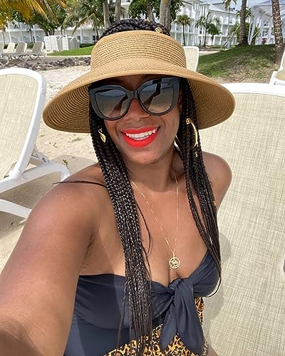 FURTALK Sun Hats for Women Wide Brim Beach Hat Straw Visor Ponytail Summer UV Packable Foldable Beach Vacation Essentials - color: Black