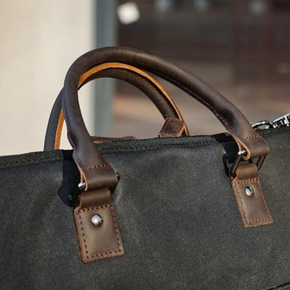Polare Waxed Canvas Full Grain Leather Trim Garment Carry On Bag for Travel, Foldable Hanging Suitcase Weekender Dust-Proof Garment Waterproof Cover with YKK Zipper and Adjustable Strap (Black) - color: Black