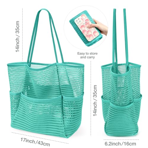KPX Beach Bag with Mini Pocket, Summer Beach Tote Bags for Women Large Foldable Mesh Swimming Pool Travel Bags - Sandproof - color: Teal