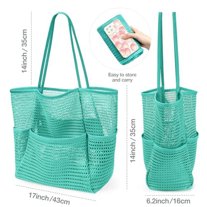 KPX Beach Bag with Mini Pocket, Summer Beach Tote Bags for Women Large Foldable Mesh Swimming Pool Travel Bags - Sandproof - color: Teal