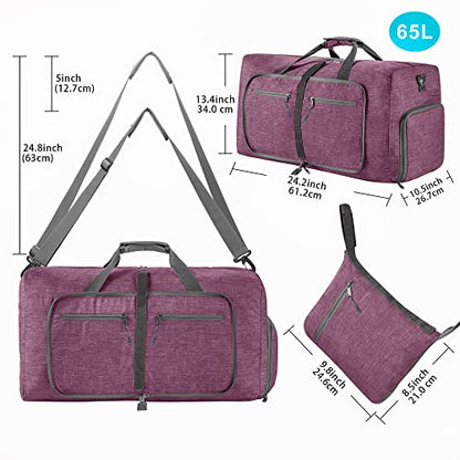 Vomgomfom 65L/85L/115L Foldable Travel Duffle Bag, Lightweight Checked Luggage with Shoe Compartment, Water-Resistant Weekender Overnight Bag for Men & Women - color: I Purple, size: 115L
