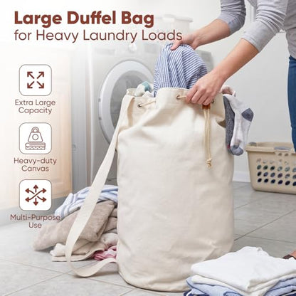 Handy Laundry Canvas Duffel Bag - Drawstring, Leather Closure, Shoulder Strap