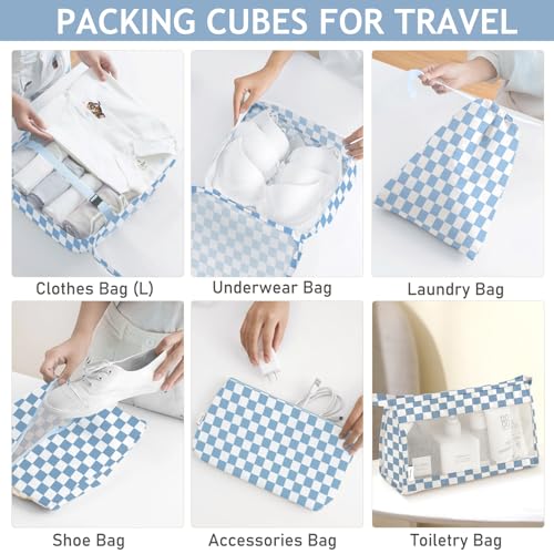 8 Set Packing Cubes for Travel, Luggage Packing Organizers Accessories Large Toiletries Bag for Clothes Shoes Cosmetics (Blue Checkered) - color: 8Set-Blue Checkered