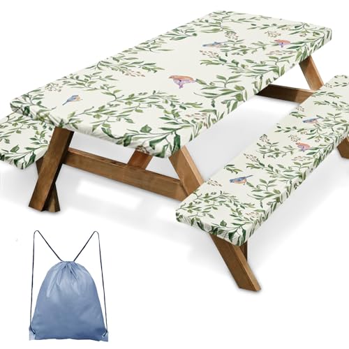Picnic Table Cover with Bench Covers Elastic Edges, Botanical Bird Camper Fitted Table Cover, Outdoor Camping Essentials 72 Inch 3PCS, Waterproof Camping Fitted Tablecloth with Drawstring Bag - color: Botanical Bird, size: 72in