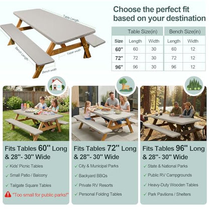 Picnic Table Cover with Bench Covers Camping Essentials Waterproof Windproof Camping Tablecloth with Drawstring Bag, Fitted Rectangle Tables and Seats, 72in, Beige Linen Texture - color: Beige Linen Texture, size: 72in