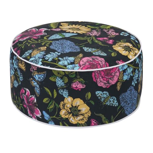 Outdoor/Indoor Inflatable Ottoman Pouf D20 xH9, All Weather Round Footstool with Handle, Water Repellent Portable Footrest for Patio Garden Camping Travel-Black Butterfly Flower - color: Black Butterfly Flower