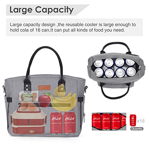 Insulated Lunch Bag for Women Men,Adult Lunch Box for Women with Adjustable Shoulder Strap,Portable Large Lunch Tote Bag for Office Work Picnic Beach,Reusable Lunch Cooler Bag - color: Gray