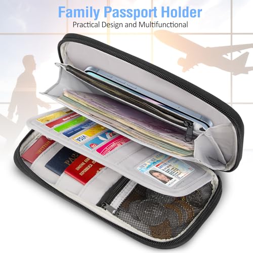 BKNOOU Family Passport Holder RFID Blocking Travel Document Organizer | Large Capacity (5 passports+13 cards), RFID Blocking, Air Travel Essentials, Detachable Wrist Strap and Shoulder Strap - color: 06 Blue