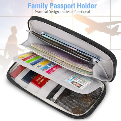 BKNOOU Family Passport Holder RFID Blocking Travel Document Organizer | Large Capacity (5 passports+13 cards), RFID Blocking, Air Travel Essentials, Detachable Wrist Strap and Shoulder Strap - color: 06 Blue