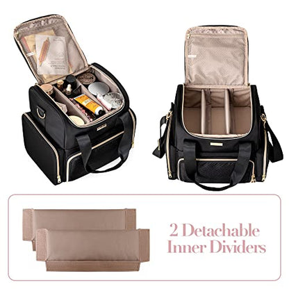 Large Cosmetic Bag with 3 Removable Case, Double Layer Travel Organizer with Inner Dividers and Makeup Brushes Storage Section, Black (Patented Design) - color: Black