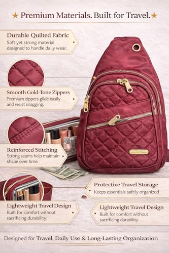 Travel Essentials Gift Set for Women – 7 Pc Travel Kit with Sling Bag, TSA Pouch, Jewelry Case & Sleep Mask - color: Burgundy