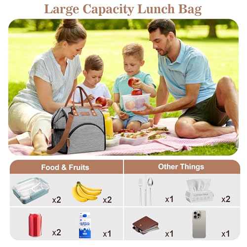 LOKASS Lunch Bag Insulated Lunch Box Wide-Open Lunch Tote Bag with Removable Shoulder Strap for Women/Men Adults Work Picnic Hiking Beach Fishing(Stripes) - color: Black&White Stripes-Straps